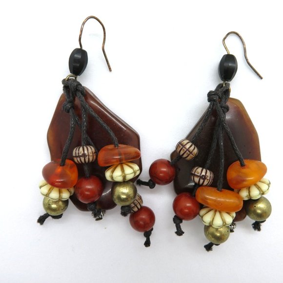 Vintage Artisan Handcrafted Pierced Earrings 2" Dangle Brown White Orange Beads - Picture 4 of 10